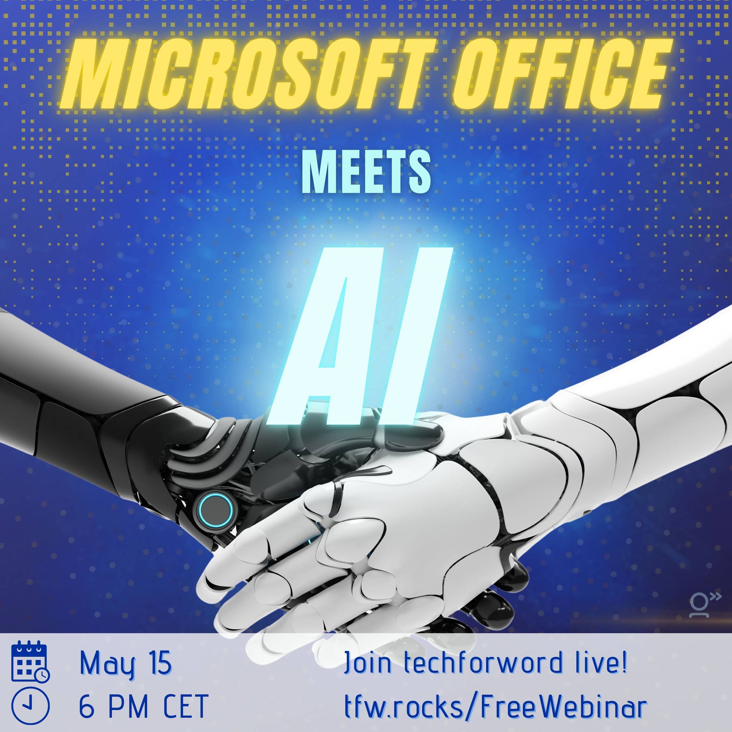 square image. Dark blue background with 2 robotic arms shaking hands. The title reads: 