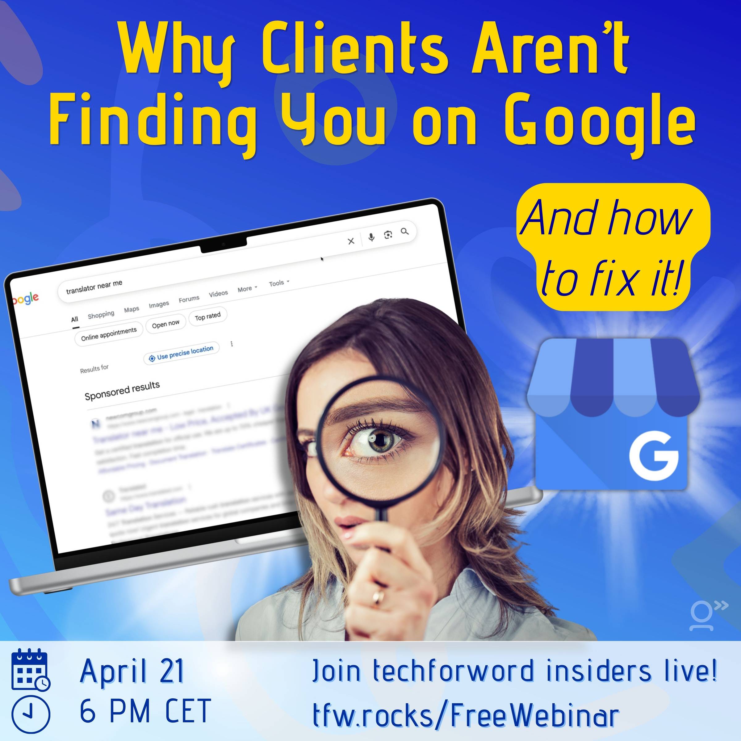 Square image, techforword blue background with a laptop showing missing Google results and a lady holding up a magnifying glass. The title reads: 