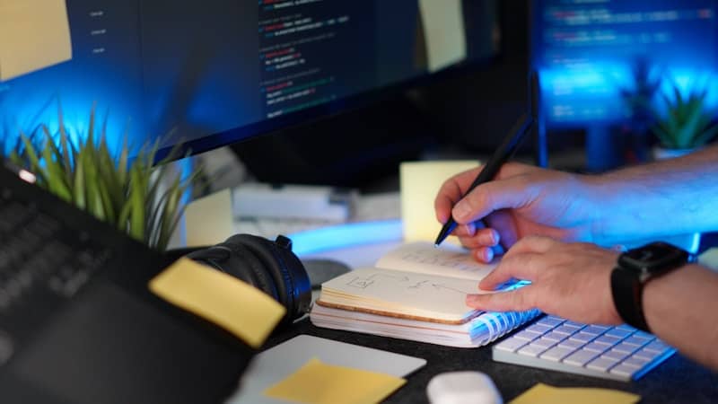 A person codes while taking notes.