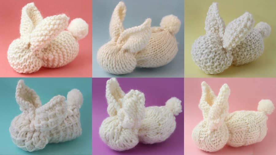 Collection of knitted bunnies.