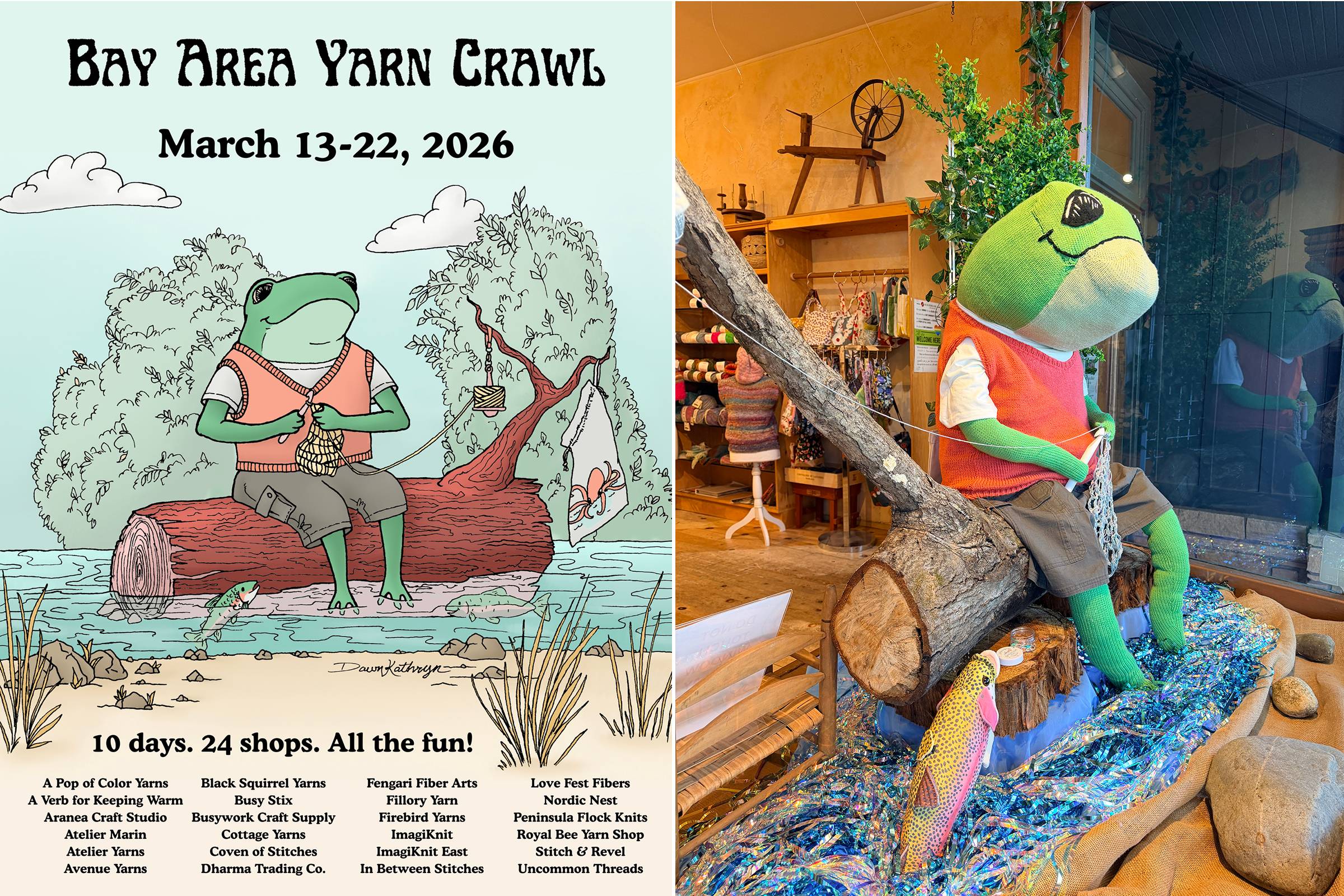 Bay Area Yarn Crawl 2026 Karl the Frog illustration next to full-size knitted replica at Fengari yarn shop window.