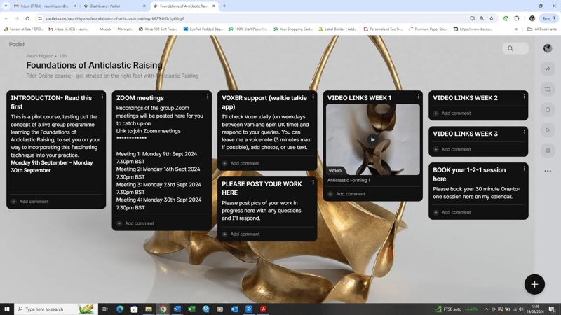 Foundations of Anticlastic Raising Online course dashboard on Padlet