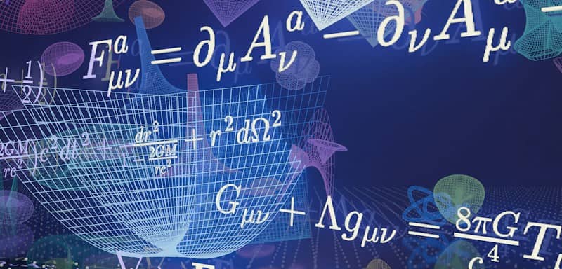 Complex physics equations and abstract shapes on a blue background