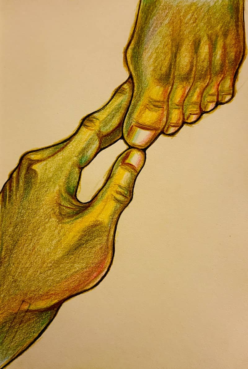A hand and a foot touching tips in a colored pencil drawing