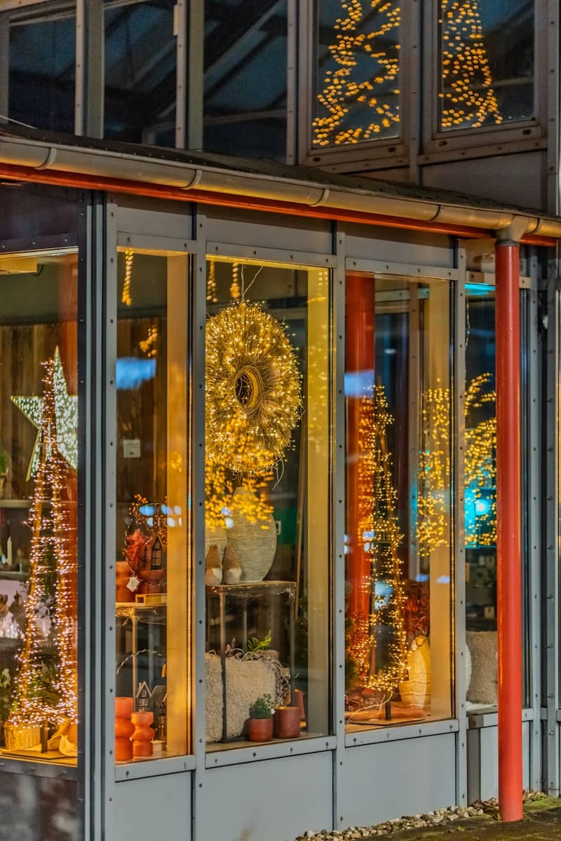 Store window decorated with christmas lights and ornaments.