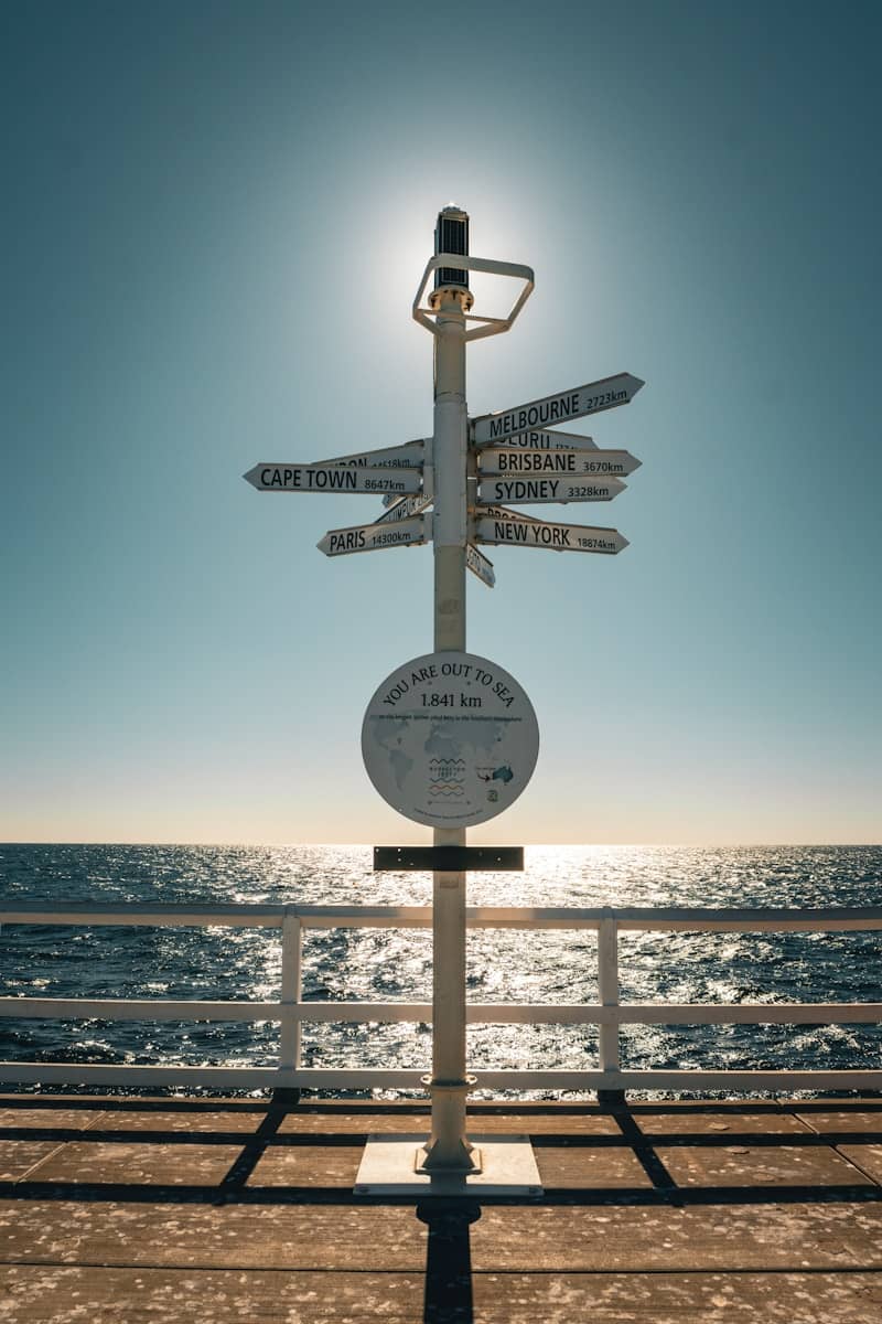 Signpost points towards various cities and the sea.