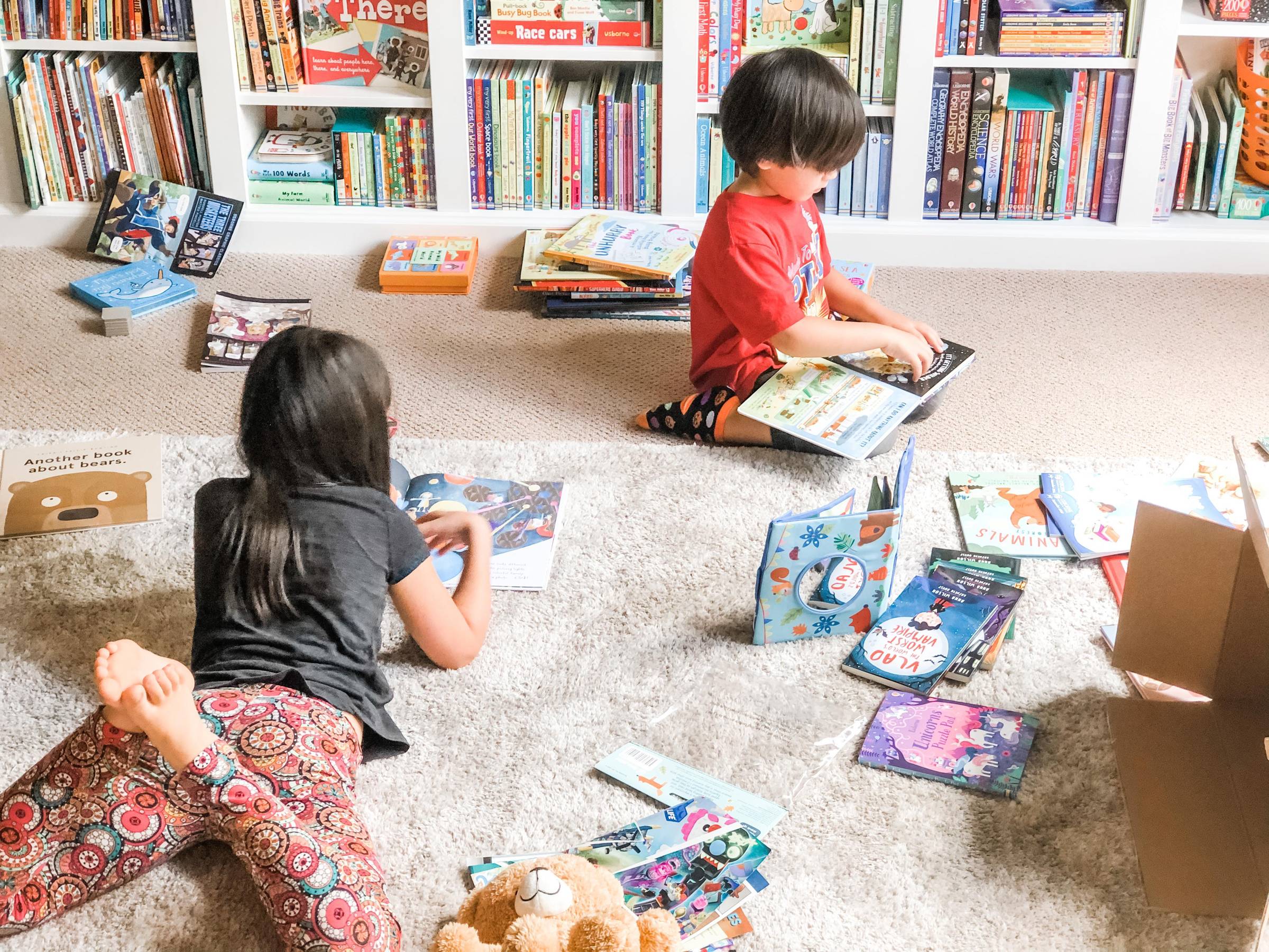 Young boy and older sister sitting on the floor surrounded by books and reading
