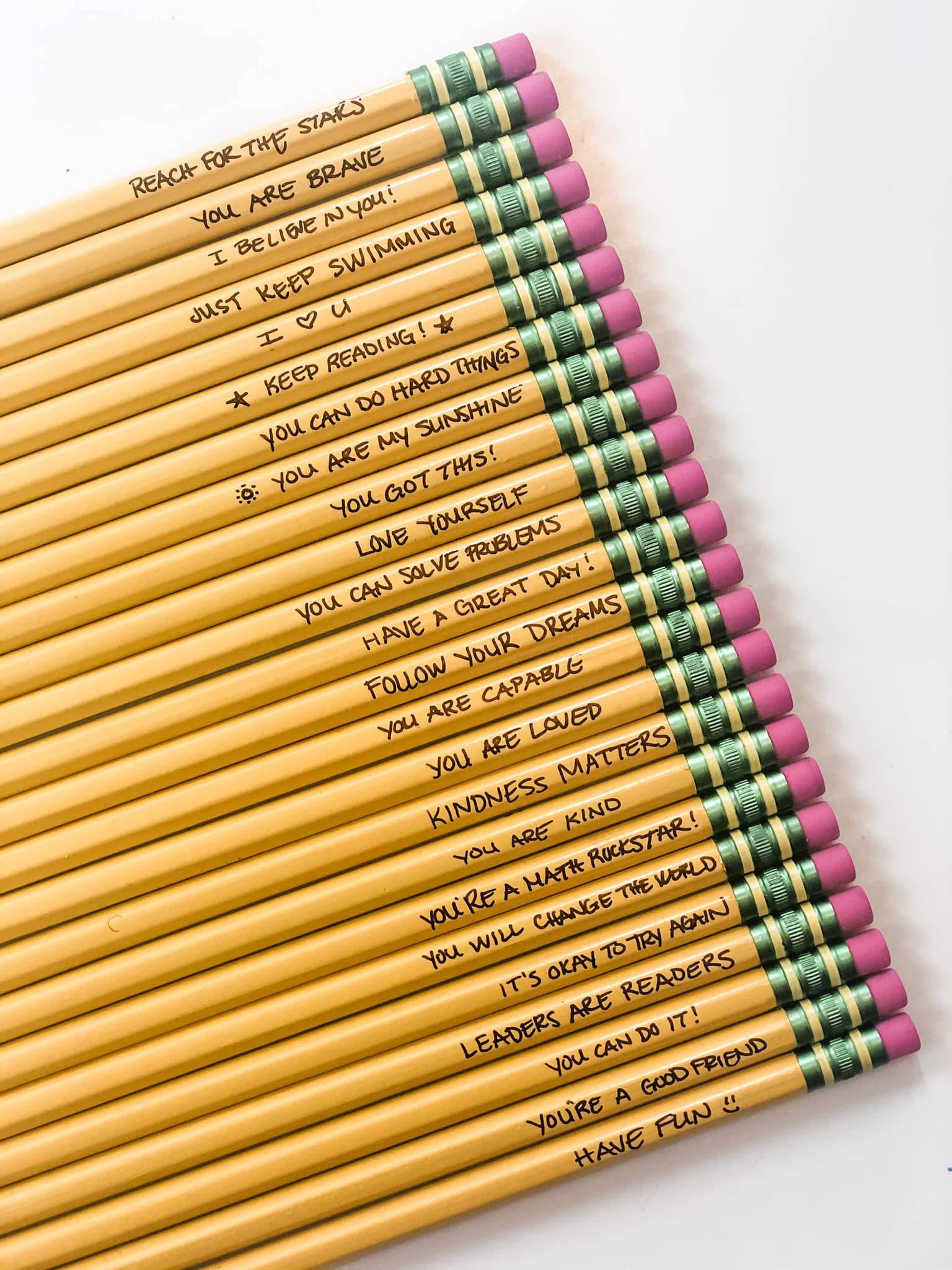 Row of #2 pencils with affirmations written on them, for kids headed back-to-school
