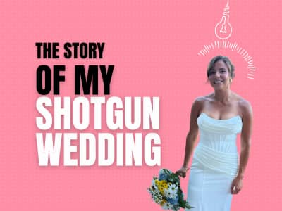 Jenny in a wedding dress smiling beside the words “The Story of My Shotgun Wedding” on a pink background.