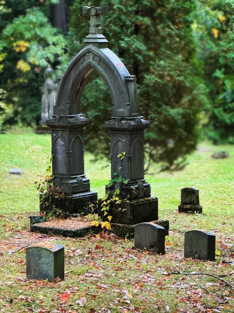 A cemetery with tombstones and trees in the background