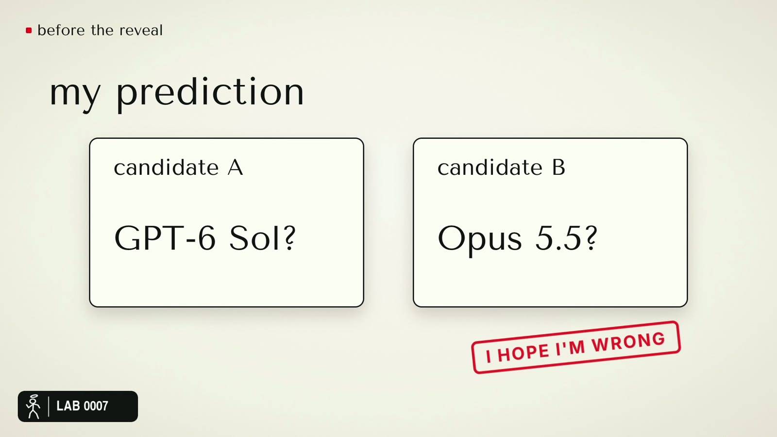 LAB 0007 frame at 12:02: my prediction card - candidate A GPT-6 Sol?, candidate B Opus 5.5?