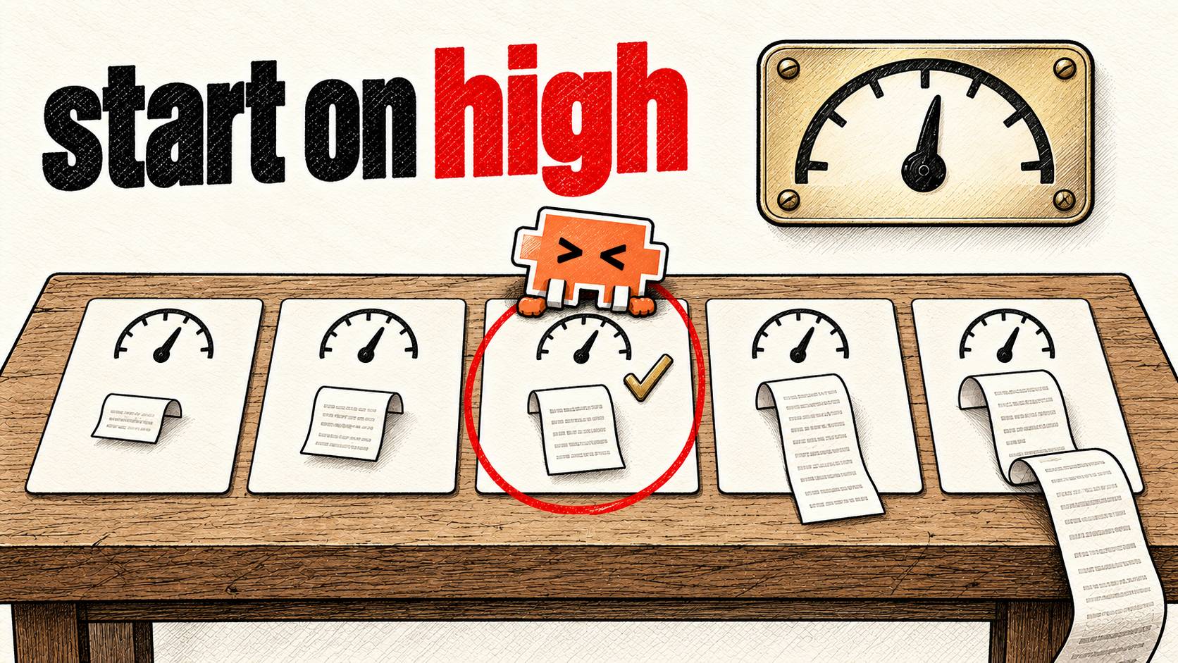 LAB illustration: five effort dials on a desk, with high circled and ticked
