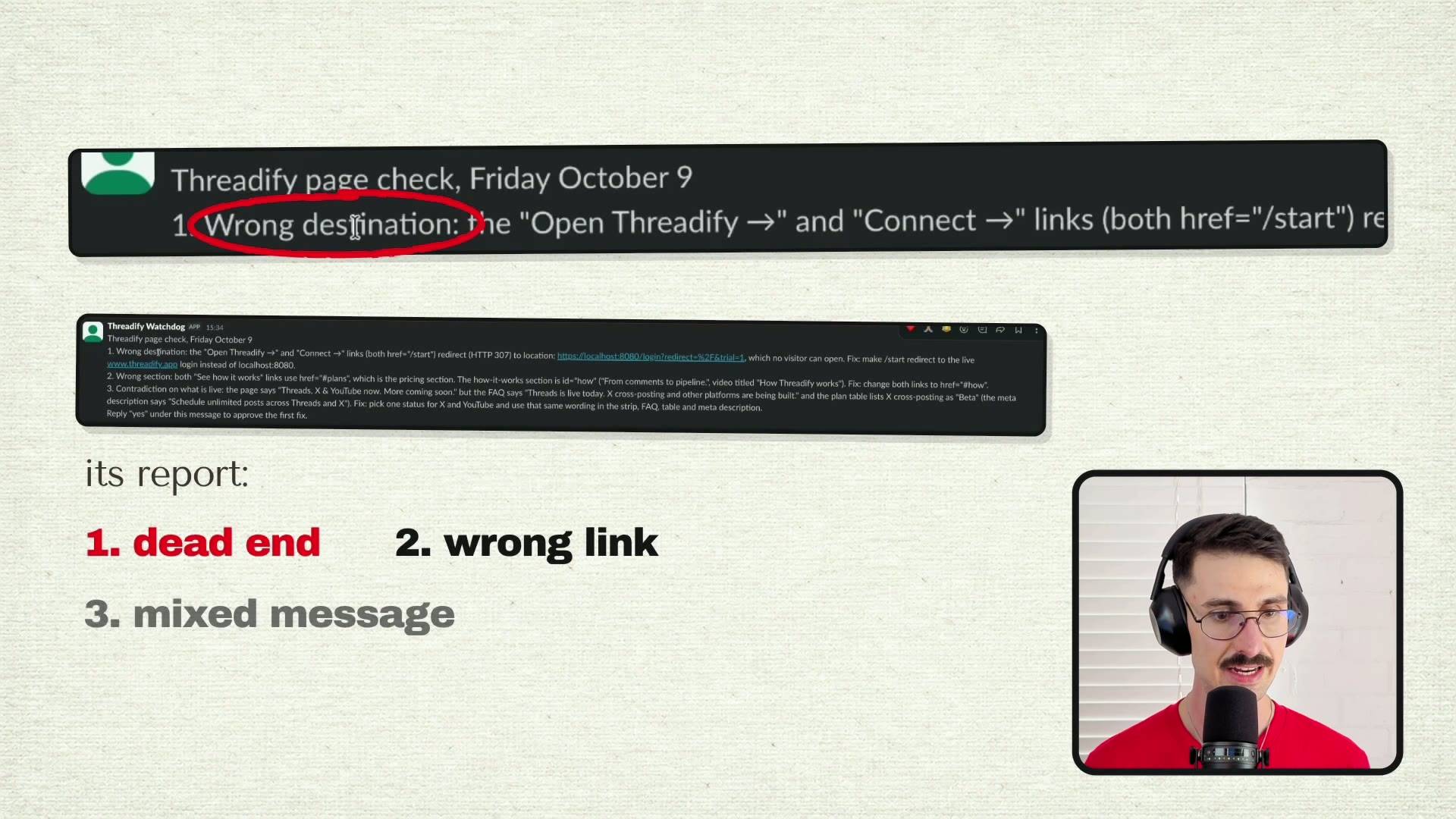 LAB 0018 frame at 13:25: the agent's Slack report - wrong destination, then its report: 1. dead end, 2. wrong link, 3. mixed message