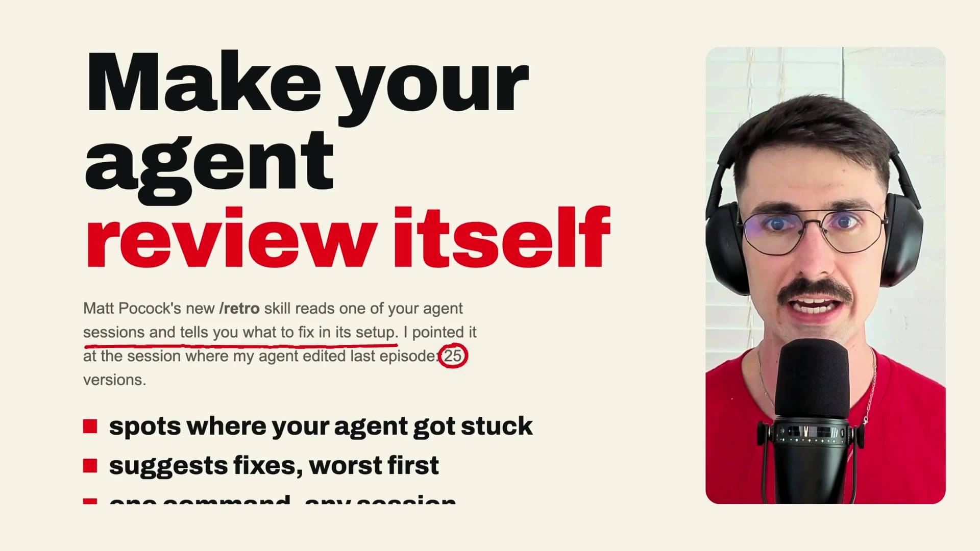 LAB 0015 frame at 11:41: the "make your agent review itself" card, with Matt Pocock's /retro skill described and "25" circled in red