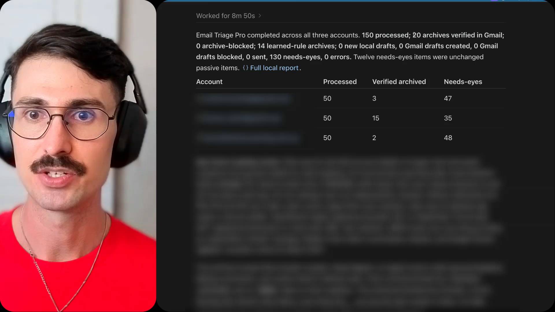 Episode frame at 10:17 showing the triage report, with private account details blurred