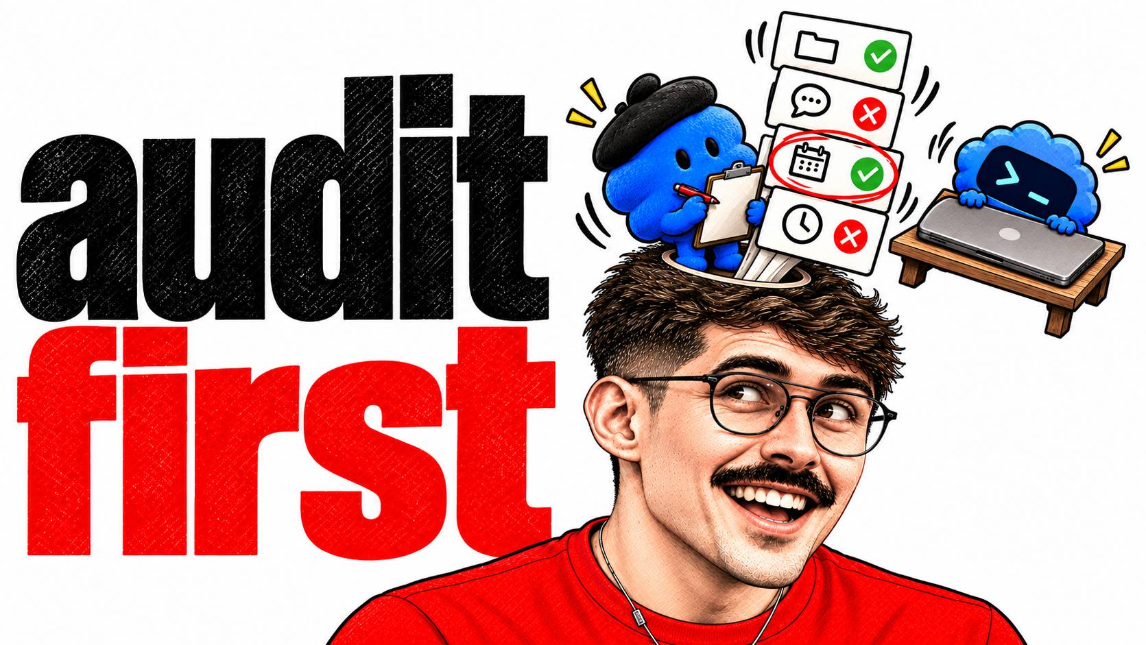 LAB illustration: "audit first" - a dot sorting jobs into ticks and crosses