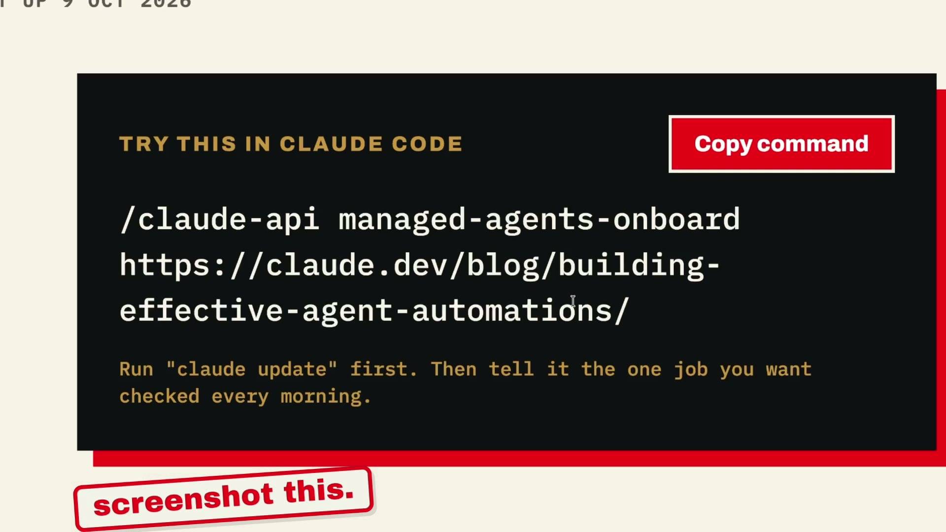 LAB 0018 frame at 14:16: the "try this in Claude Code" card with the managed-agents-onboard command