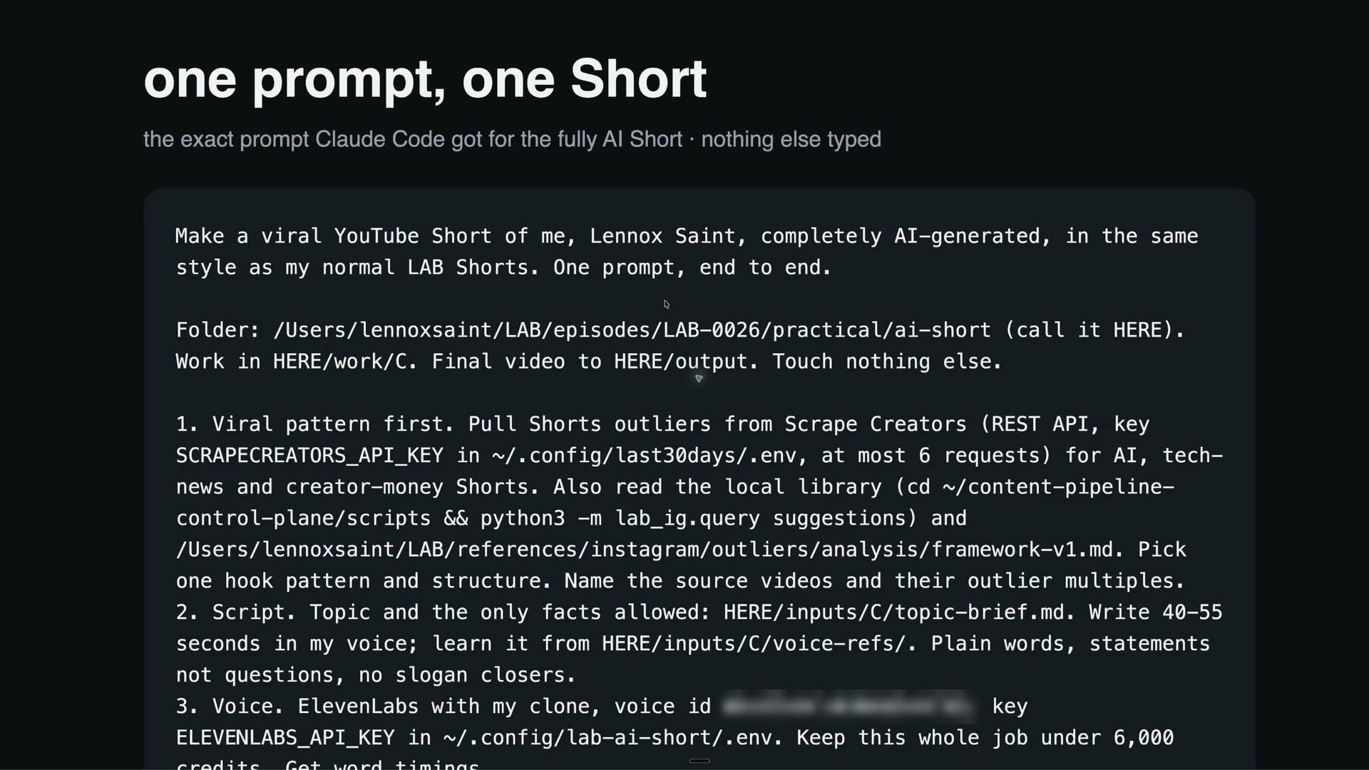 LAB 0026 frame at 11:08: one prompt, one Short - the exact prompt Claude Code got for the fully AI Short, nothing else typed