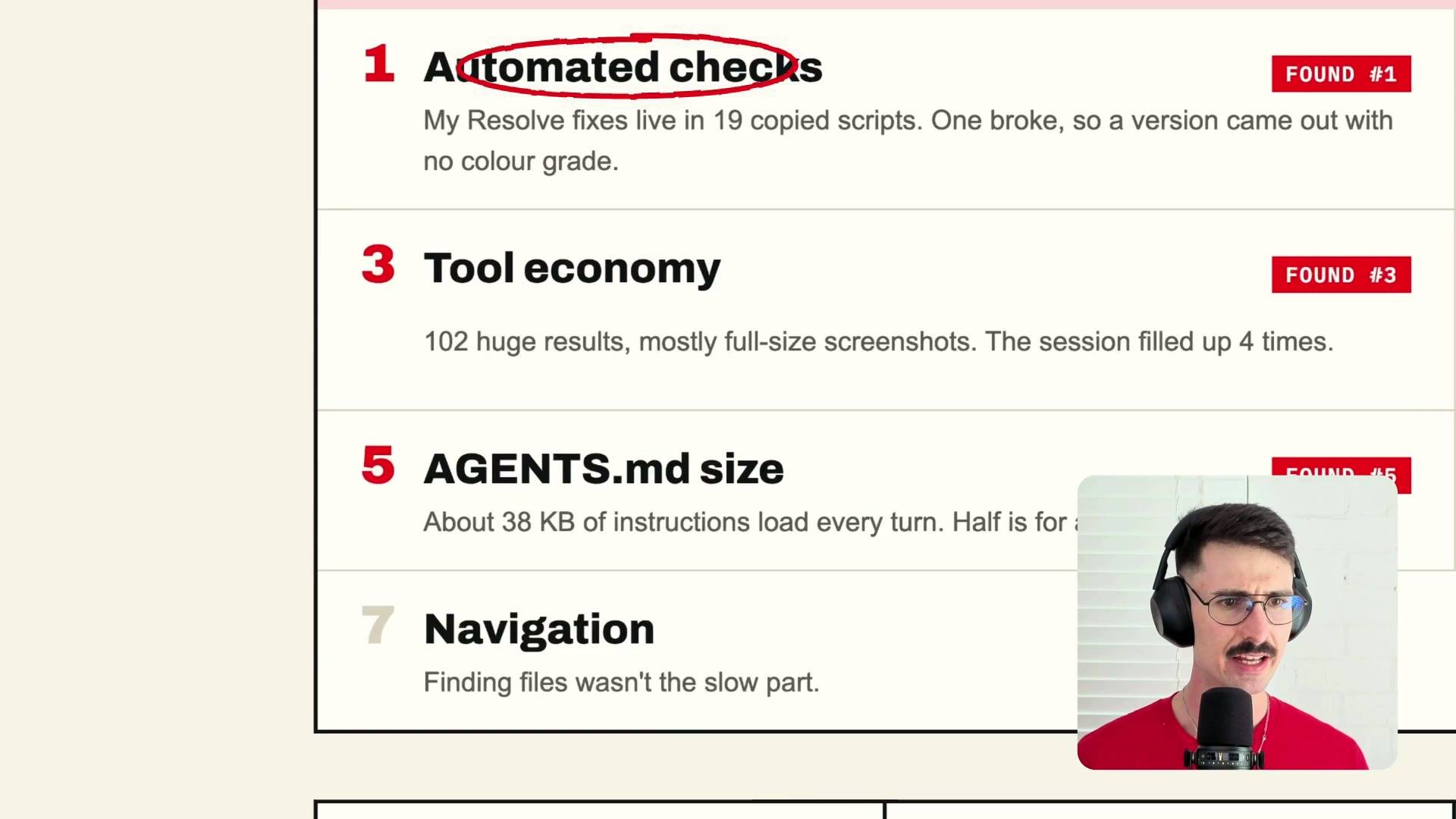 LAB 0015 frame at 11:55: the /retro findings list, "Automated checks" circled in red, with 19 copied scripts, 102 huge results and the AGENTS.md size