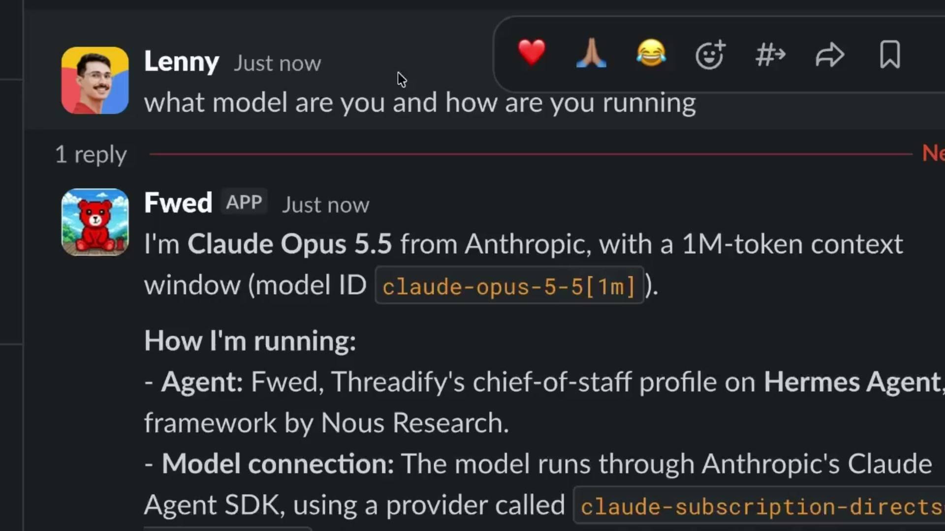 LAB 0020 frame at 11:52: Fwed in Slack answers that it is Claude Opus 5.5, running through Anthropic's Claude Agent SDK