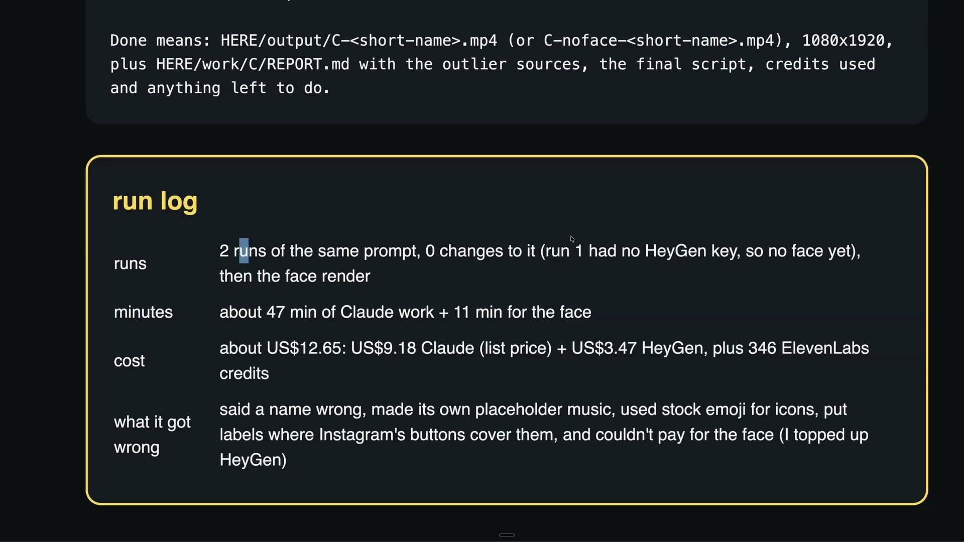LAB 0026 frame at 12:04: the run log - 2 runs of the same prompt, about 47 min of Claude work + 11 min for the face, about US$12.65, and what it got wrong