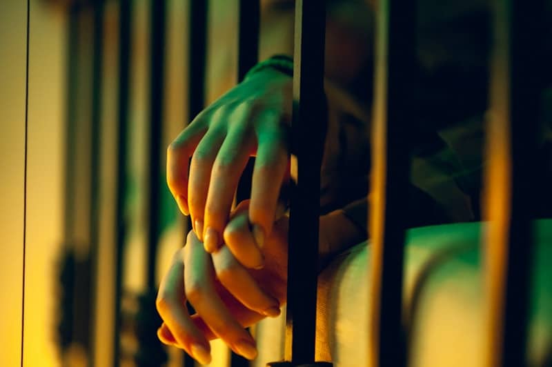 A person holding a bunch of bananas in a cage