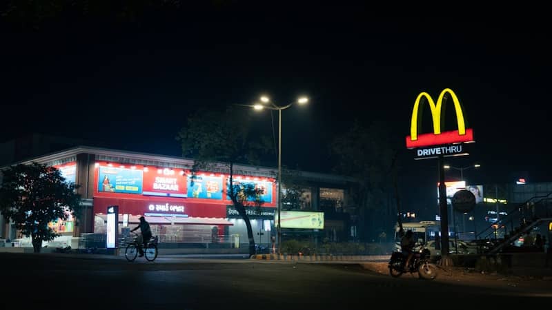 Mcdonald's restaurant illuminated at night
