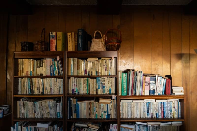 Bookshelves filled with books against a wood-paneled wall.