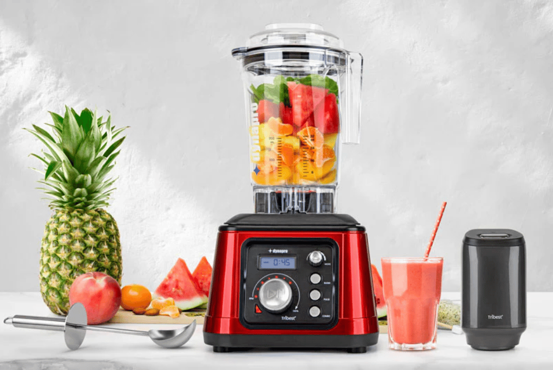 The Dynapro High-Speed Vacuum Blender features a powerful 2.5 horsepower motor made in Sweden with turbo cooling fan, designed to make easy work of blending even the toughest of ingredients. 