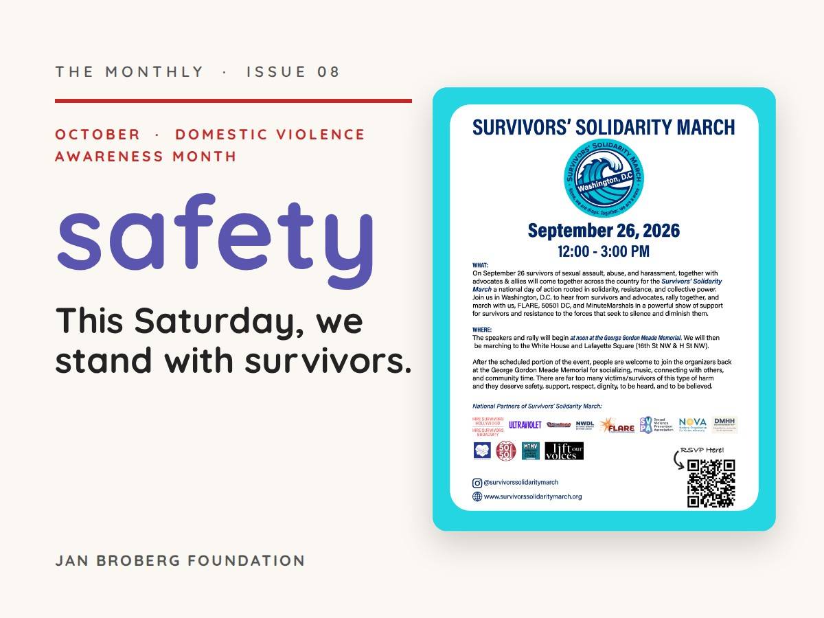 The Monthly, Issue 08, safety. This Saturday, we stand with survivors, with the Survivors' Solidarity March flyer for September 26, 2026.