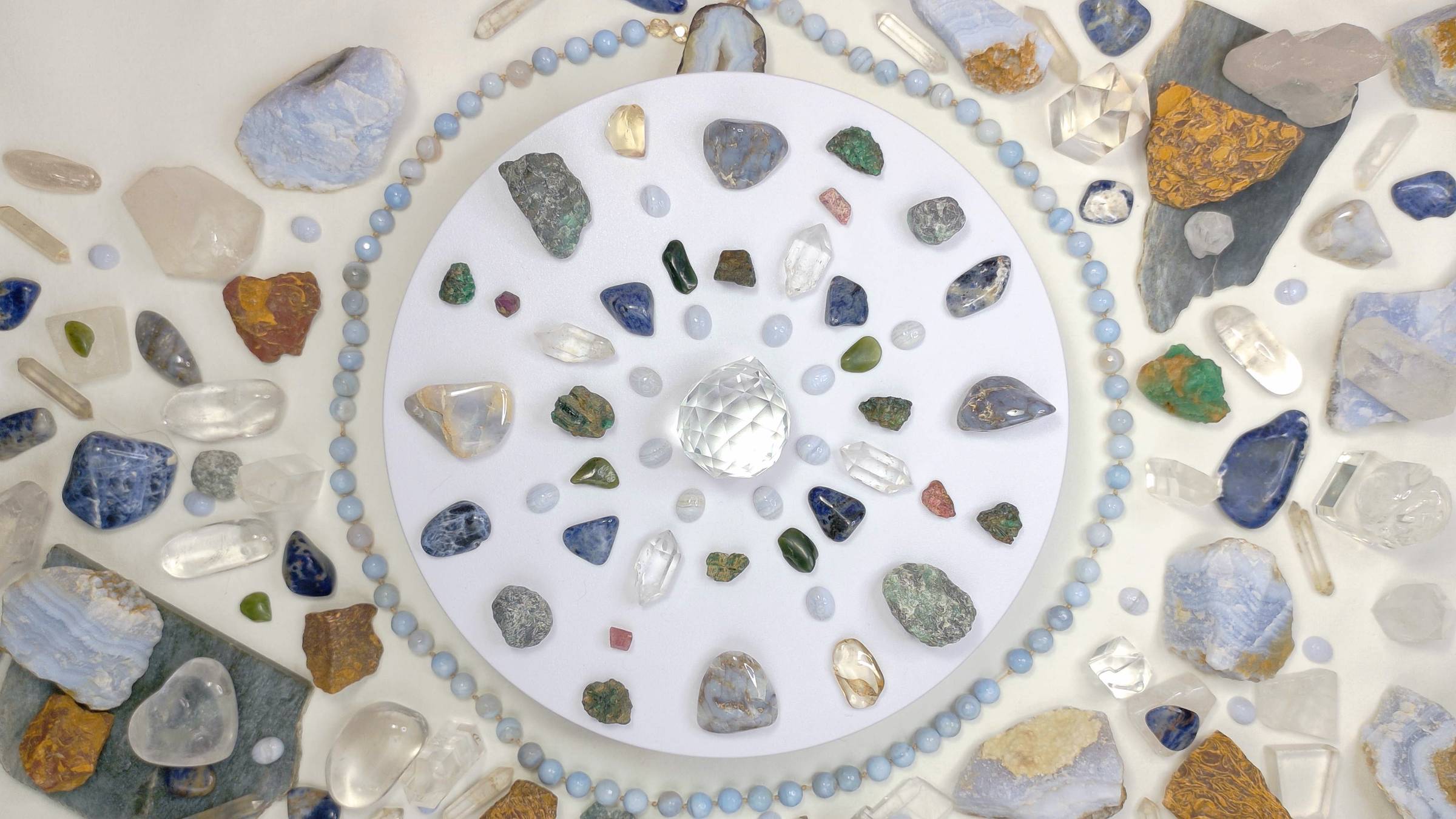 A crystal grid, rings of crystals, mostly blue and clear
