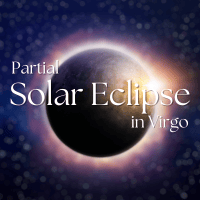 image of a solar eclipse with text that reads "partial solar eclipse in virgo"