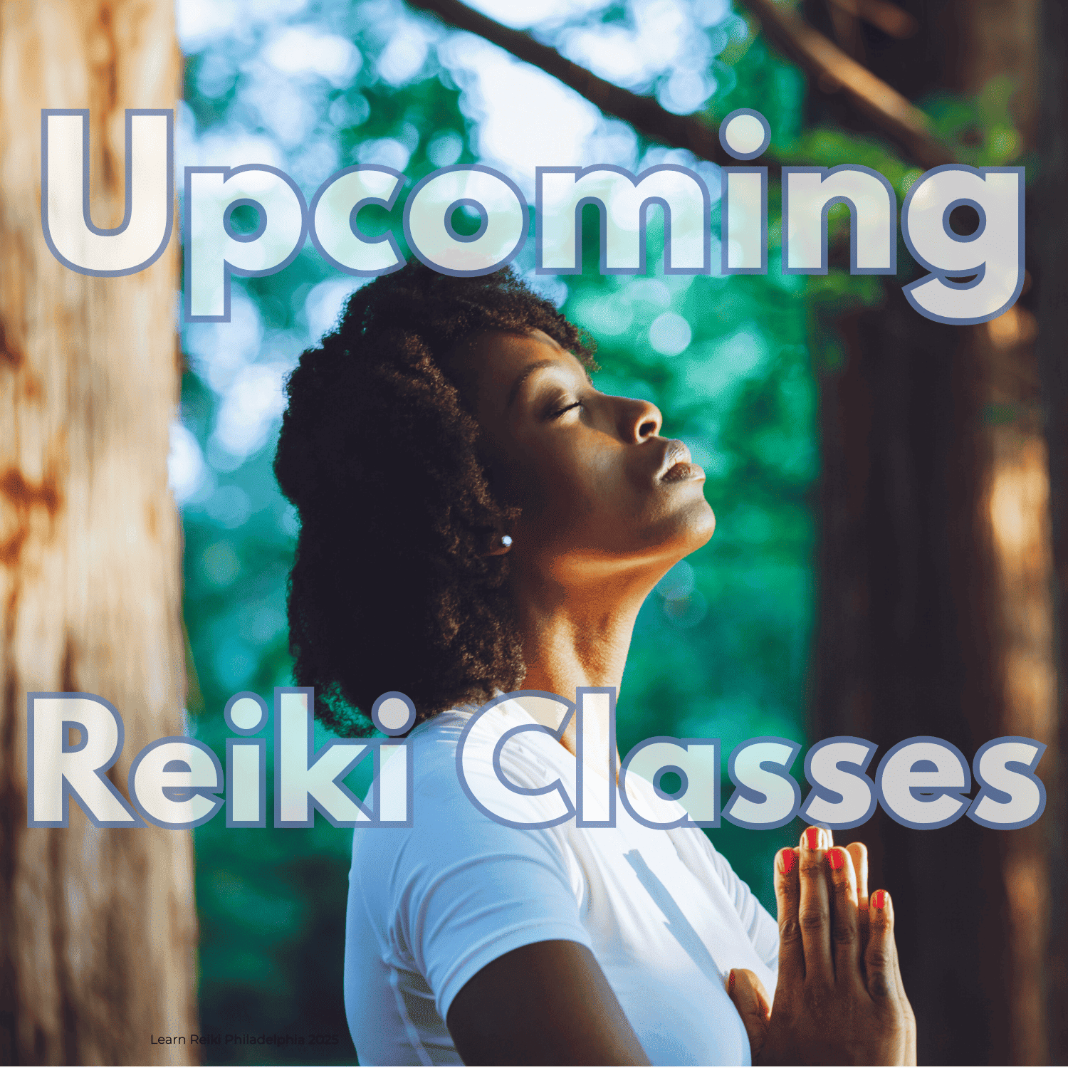 A black woman looks up with eyes closed and hands clasped with a woodland scene behind her including trees.