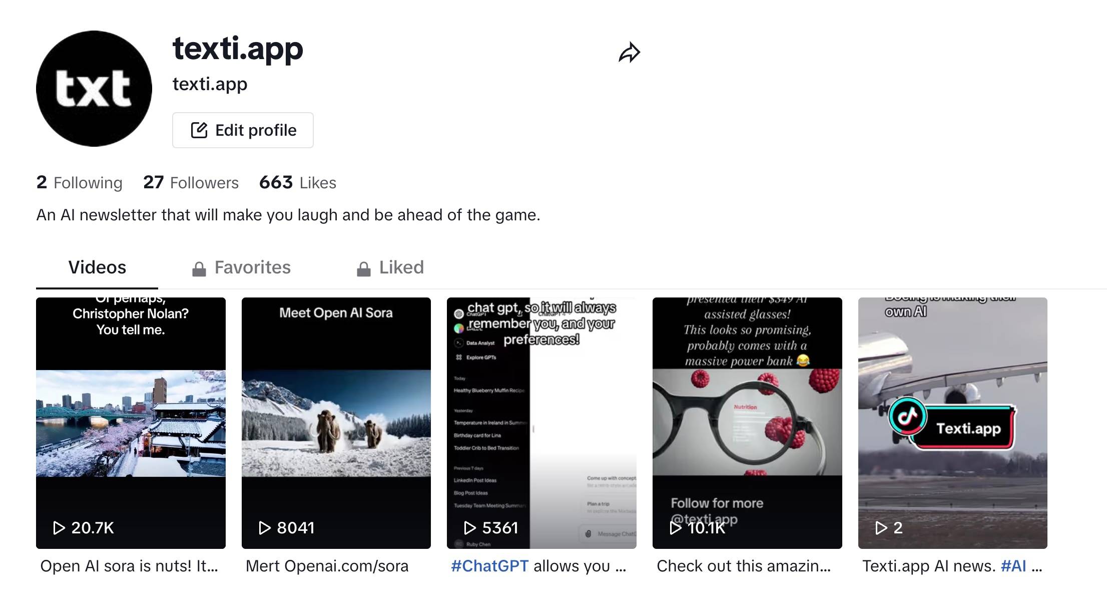 Screenshot of the homepage of @texti's tiktok page.