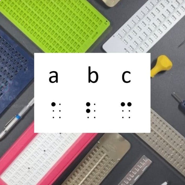 8 different types of slates and three stylus are shown in the picture, along with the print and SimBraille words for "abc"
