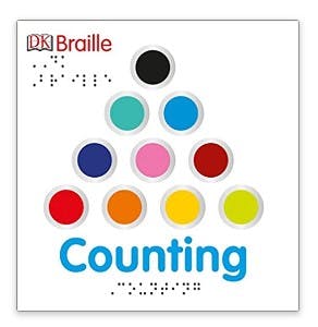Cover of the board book, "Counting" by DK Braille. The braille is uncontracted, and in print and in raised braille. 