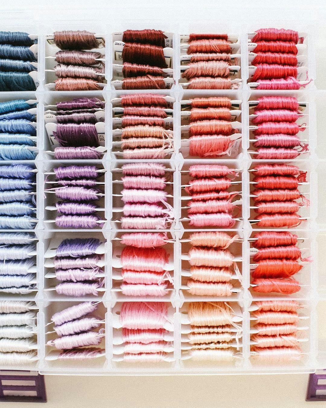 Embroidery floss organized in a storage box