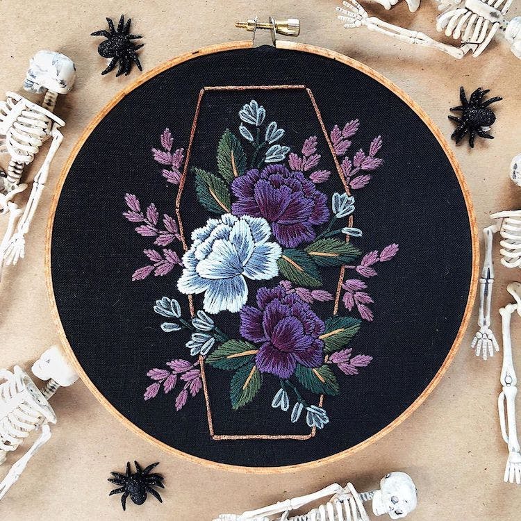 Embroidery pattern with flowers and coffin