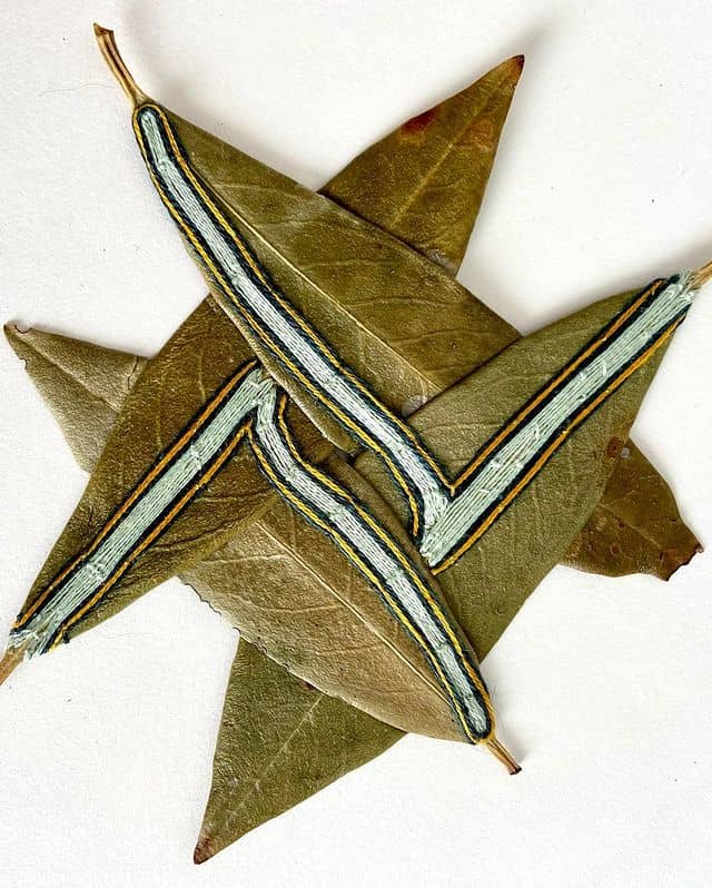 Embroidery on leaves by Hillary Waters Fayle