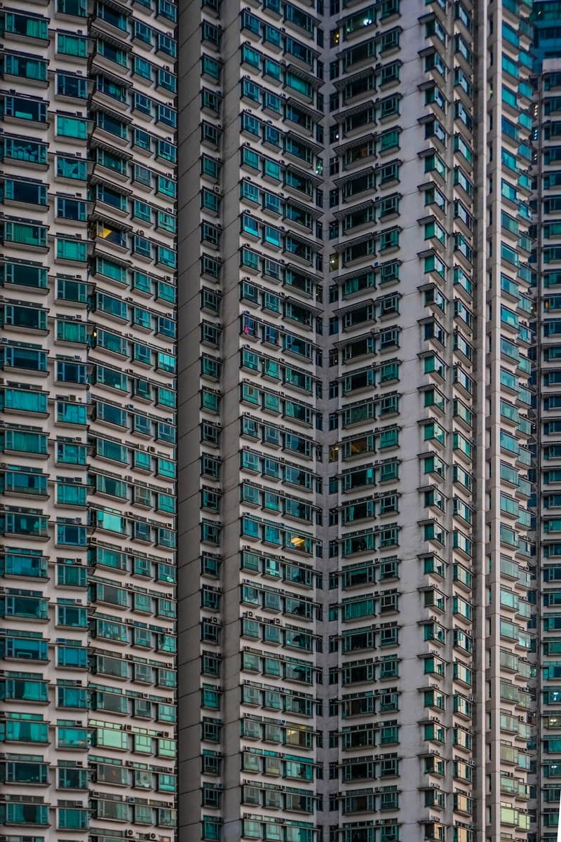 Modern apartment buildings with many windows