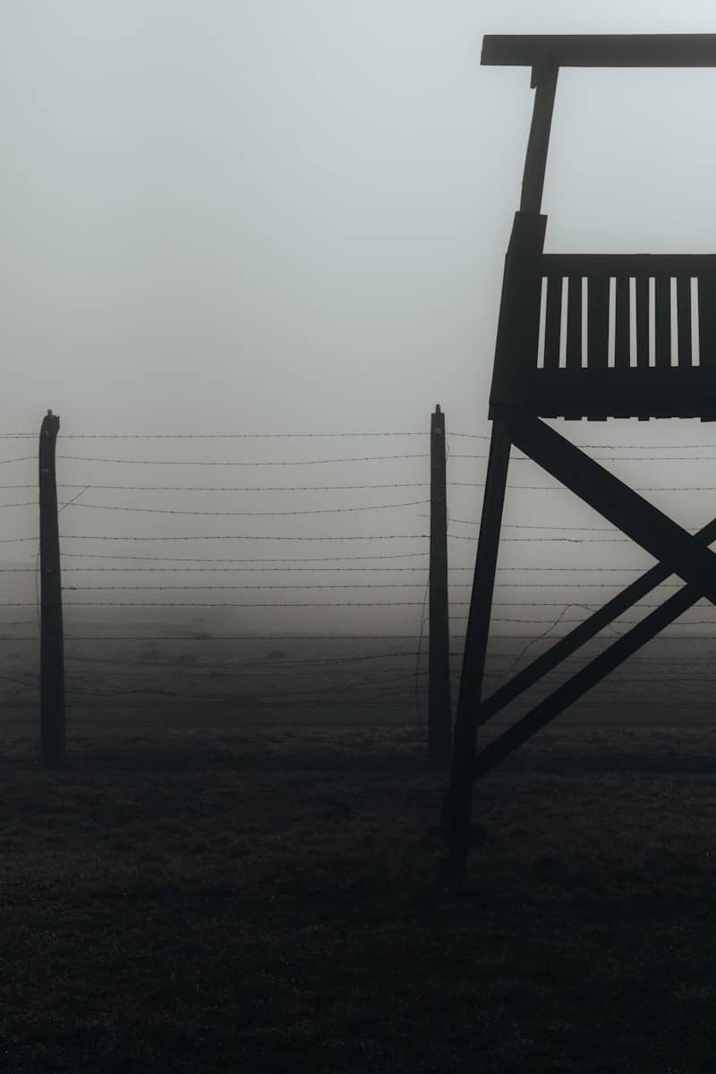 A dark watchtower stands behind barbed wire in fog.