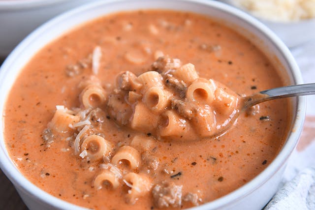 creamy beef and tomato noodle soup