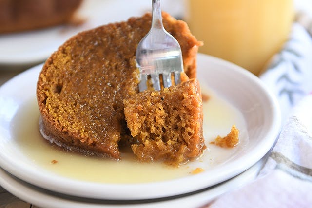 Pumpkin Bundt cake with warm vanilla sauce