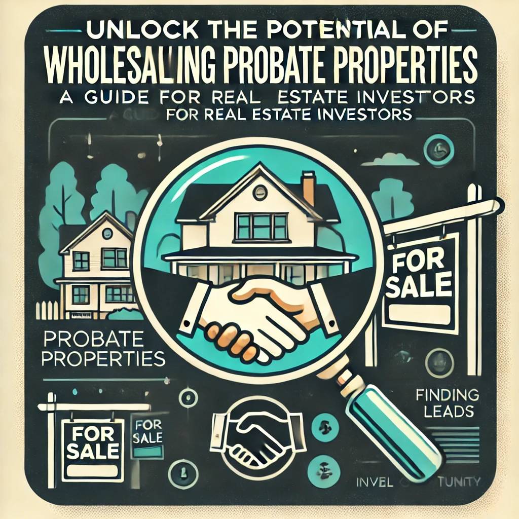 "Thumbnail image for an article titled 'Unlock the Potential of Wholesaling Probate Properties: A Guide for Real Estate Investors.' The background features a subtle, slightly blurred image of a residential house with a 'For Sale' sign, indicating a probat
