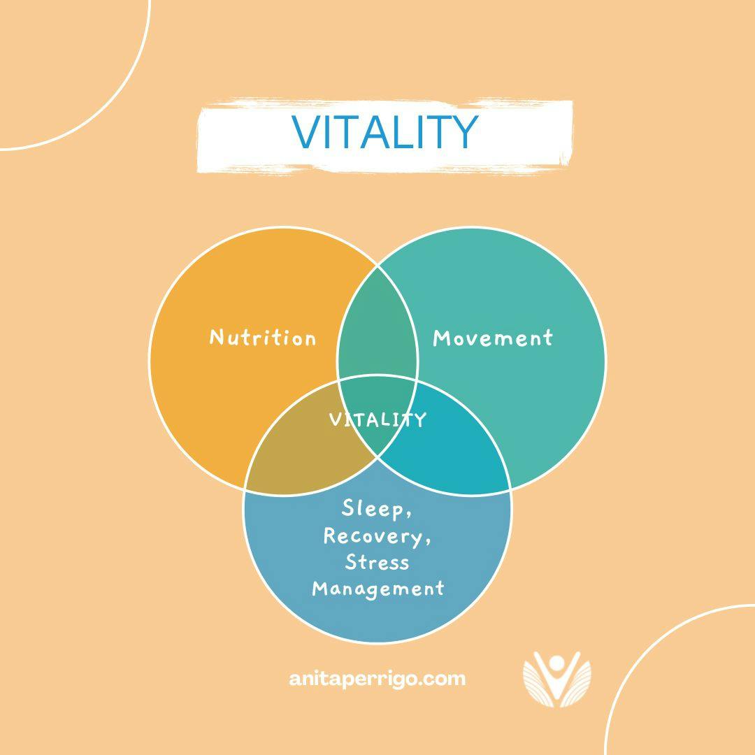A graphic of how to optimize health and vitality: nutrition, movement, sleep, recovery and stress management