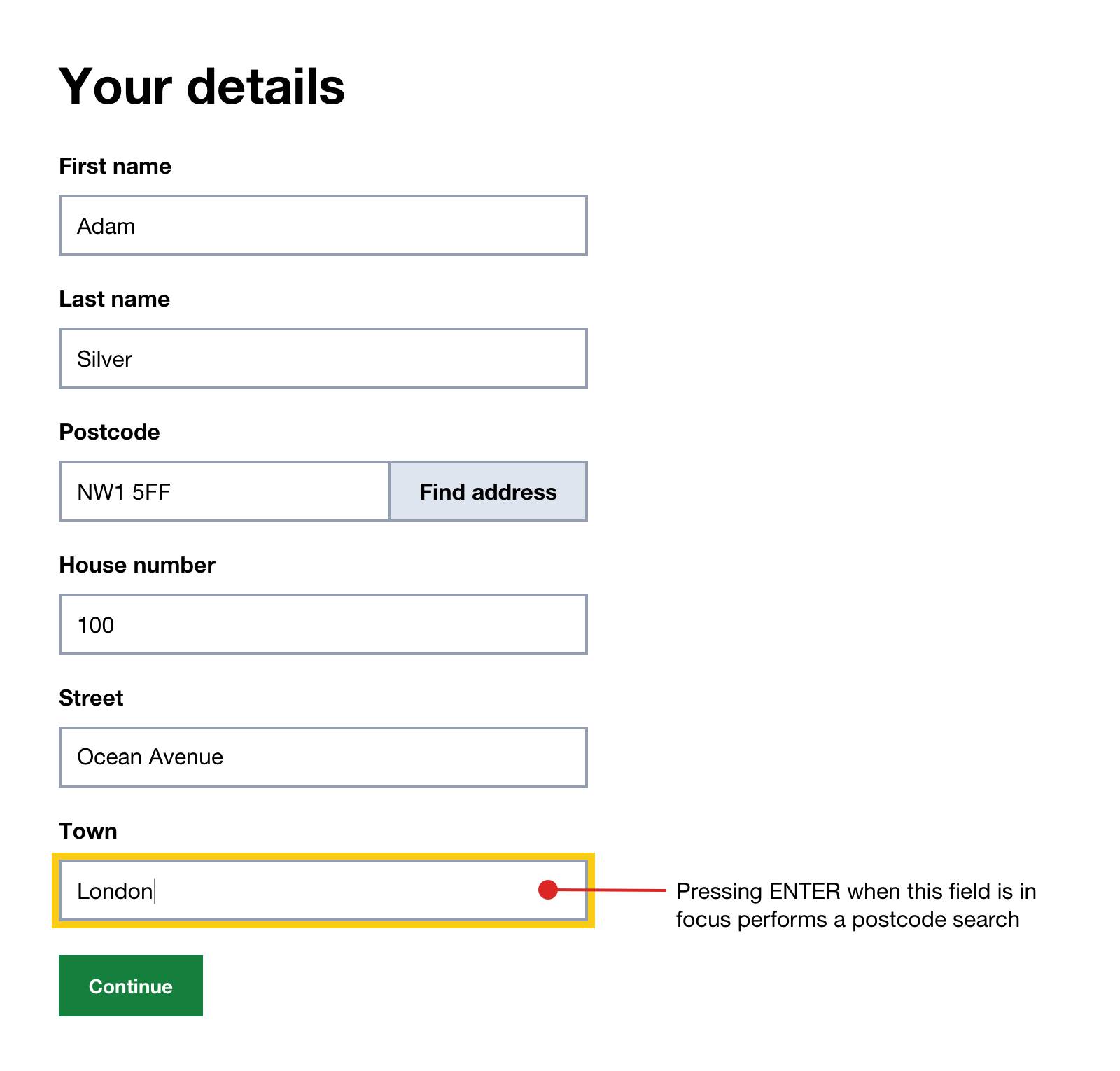 Form with two buttons. Everything completed with the last input focused.