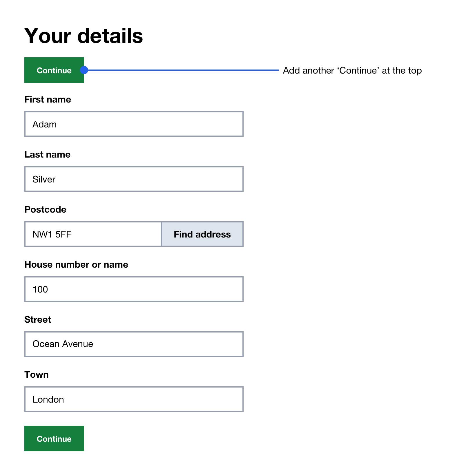 Duplicate continue button added to the top of the form just below the h1 heading.