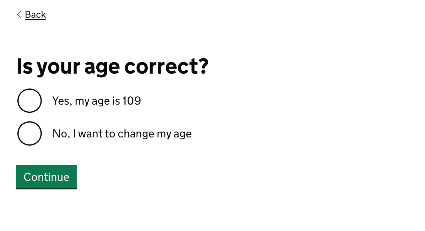 Standard question page with a question that says: "Is your age correct?" with radio buttons.
