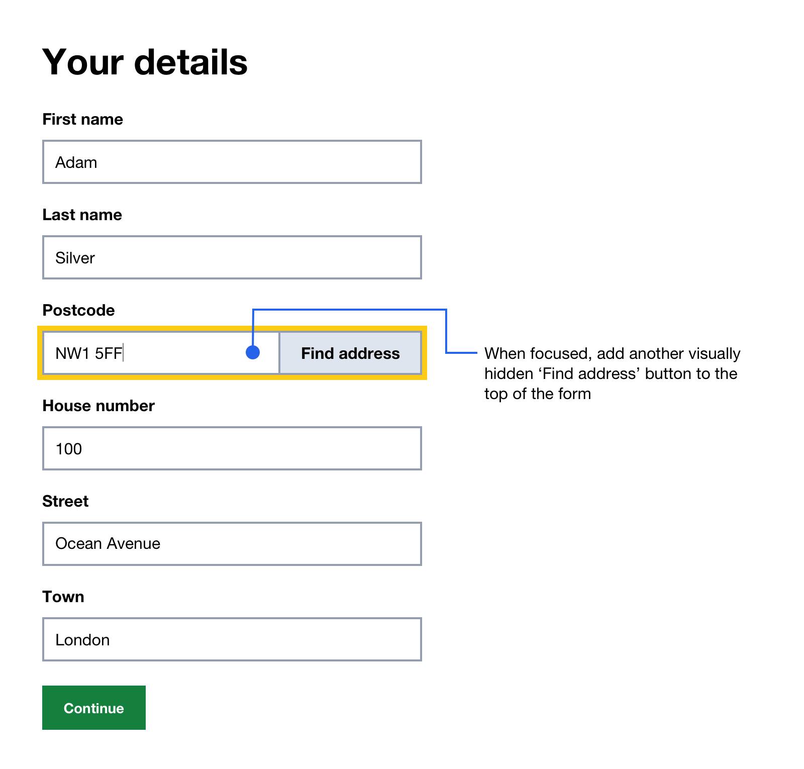 The form with the postcode input filled out and in focus.  This time the JS has added a duplicate button for FIND ADDRESS and put it to the top of the page.