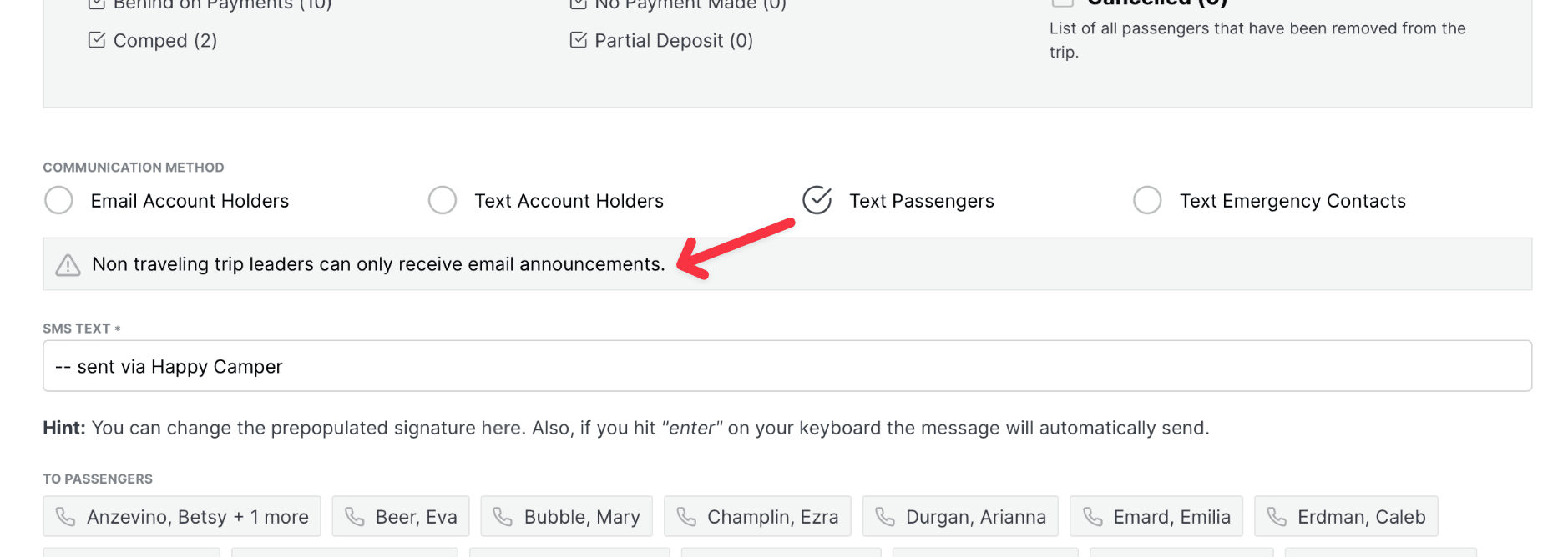 Having selected text passengers as a radio button, it now reveals the line "non-travelling trip leaders can only receive EVO announcements" below, with a red pointing arrow to highlight it in the screenshot.